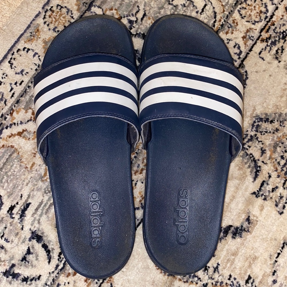 adidas 3 stripes white and navy slides side 8.5
